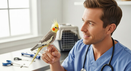 An avian veterinarian holding a cockatiel on his finger